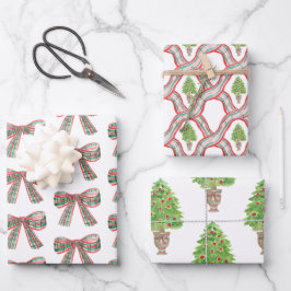 Waterverf Kerst Plaid Bow & Topiary Inpakpapier Vel