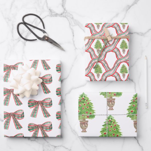 Waterverf Kerst Plaid Bow & Topiary Inpakpapier Vel (Voorkant)