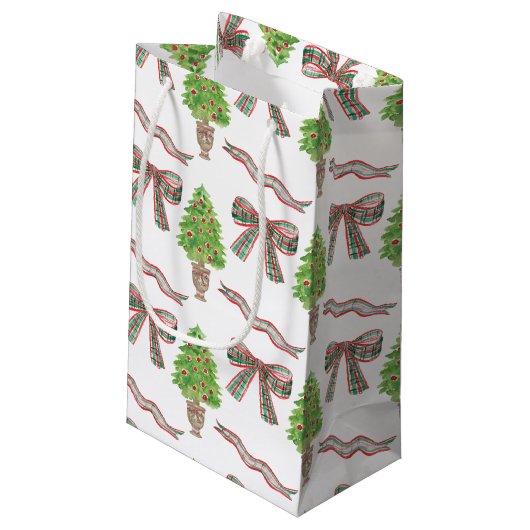 Waterverf Kerst Plaid Bow & Topiary Klein Cadeauzakje (Achterkant Gekanteld)