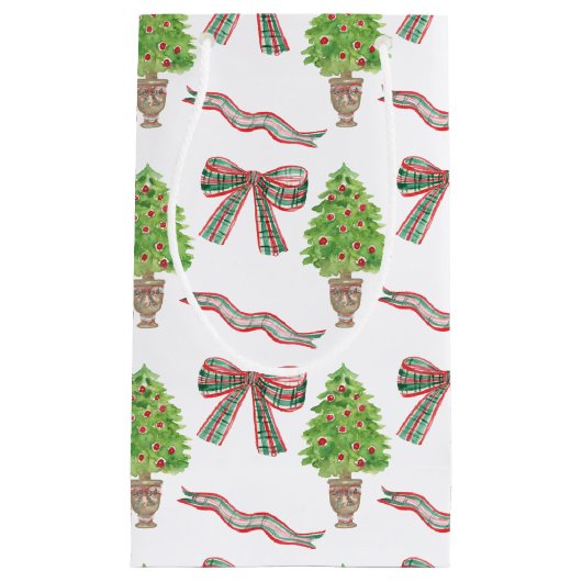 Waterverf Kerst Plaid Bow & Topiary Klein Cadeauzakje (Voorkant)