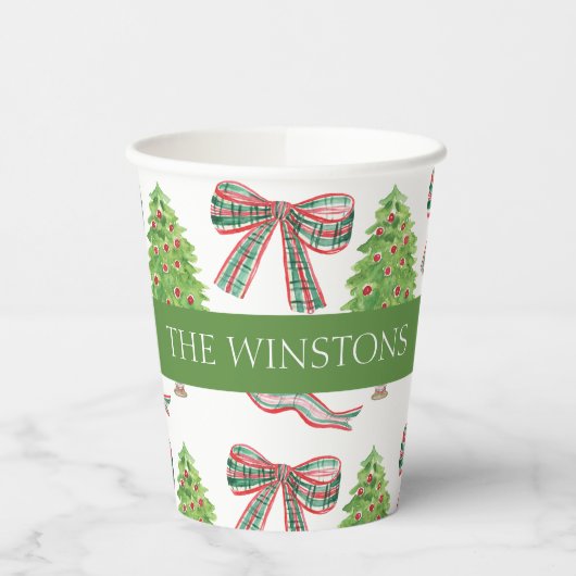 Waterverf Kerst Plaid Bow & Topiary Papieren Bekers (Links)
