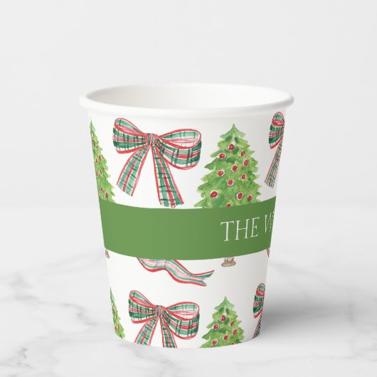 Waterverf Kerst Plaid Bow & Topiary Papieren Bekers (Voorkant)