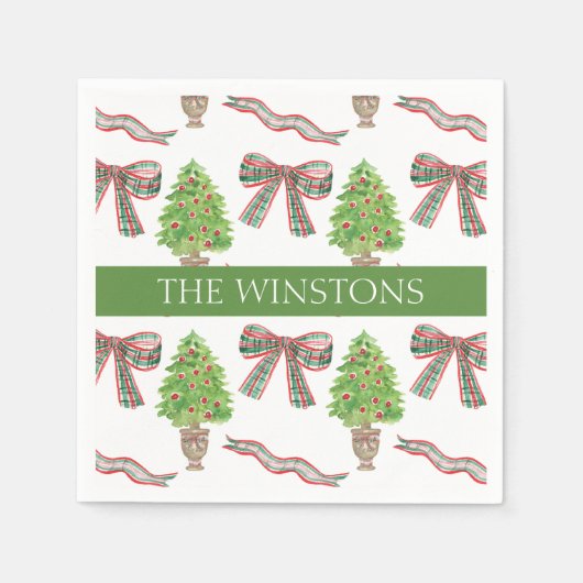 Waterverf Kerst Plaid Bow & Topiary Servet (Voorkant)