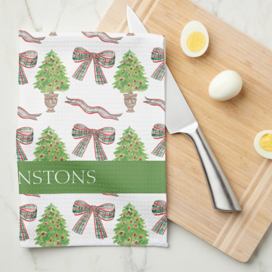 Waterverf Kerst Plaid Bow & Topiary Theedoek (Quarter Fold)