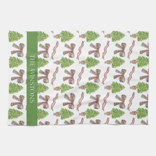 Waterverf Kerst Plaid Bow & Topiary Theedoek (Horizontaal)