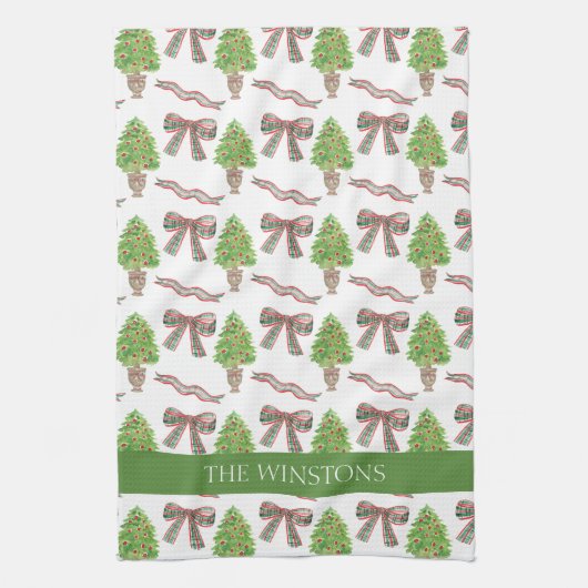 Waterverf Kerst Plaid Bow & Topiary Theedoek (Verticaal)