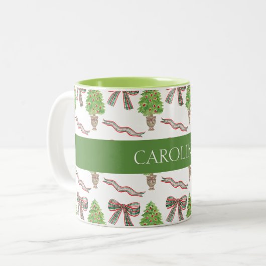 Waterverf Kerst Plaid Bow & Topiary Tweekleurige Koffiemok (Voorkant links)