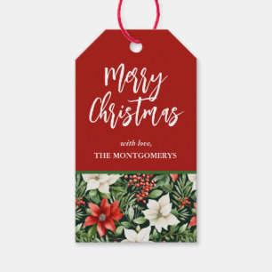 Waterverf Kerst Poinsettia's en Bessen Cadeaulabel