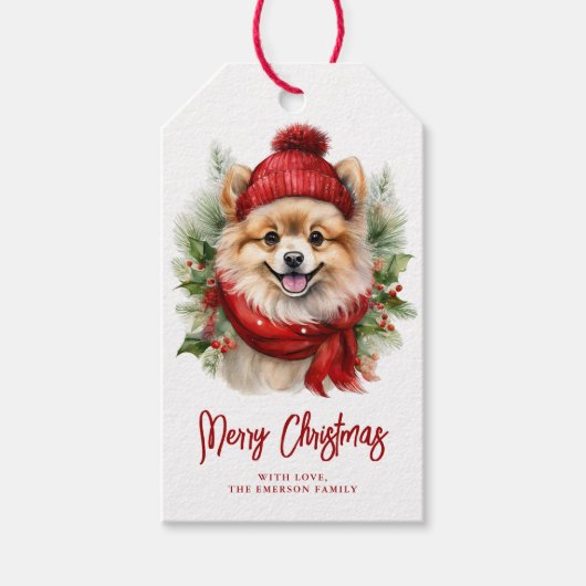 Waterverf Kerst Pommerse hond Cadeaulabel (Voorkant)
