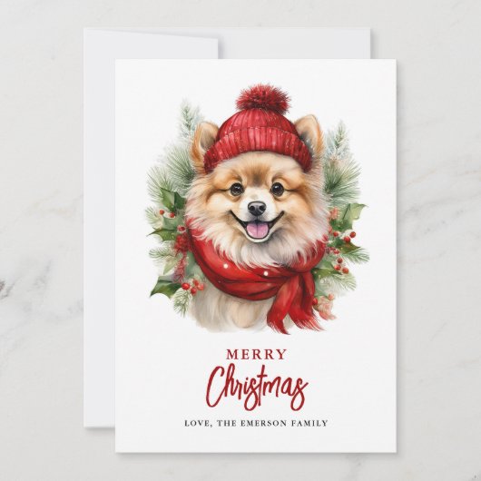 Waterverf Kerst Pommerse hond Feestdagenkaart (Voorkant)