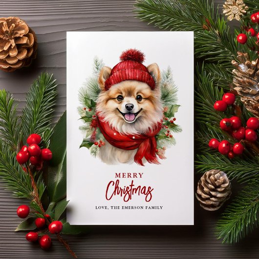 Waterverf Kerst Pommerse hond Feestdagenkaart