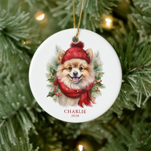 Waterverf Kerst Pommerse Hond Foto Keramisch Ornament (Boom)