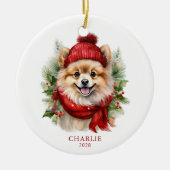 Waterverf Kerst Pommerse Hond Foto Keramisch Ornament (Voorkant)