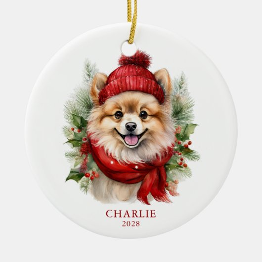 Waterverf Kerst Pommerse Hond Foto Keramisch Ornament (Voorkant)