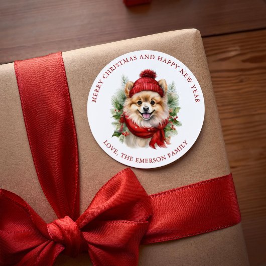 Waterverf Kerst Pommerse hond Ronde Sticker