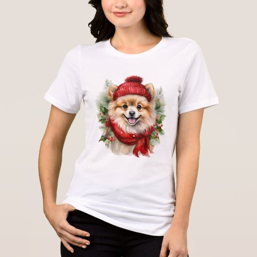 Waterverf Kerst Pommerse hond Tri-Blend Shirt (Voorkant)