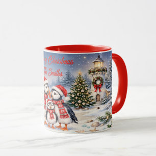 Waterverf Kerst Puffin Familie Gepersonaliseerd Mok