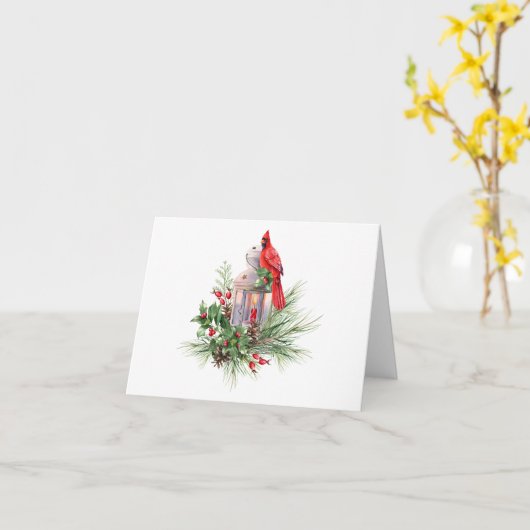 Waterverf Kerst Rode Kardinaal en Bessen Kaart (Gele Bloem)