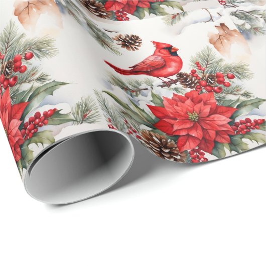 Waterverf Kerst Rode Kardinaal, Poinsettia Cadeaupapier (Rol Hoek)