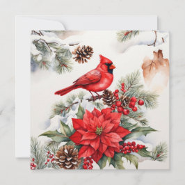 Waterverf Kerst Rode Kardinaal, Poinsettia Feestdagenkaart
