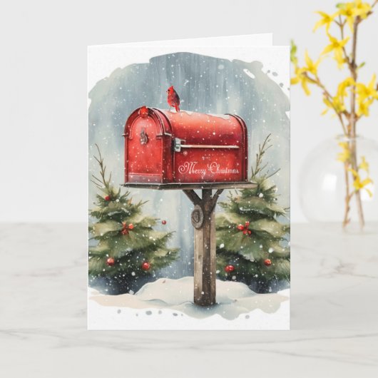 Waterverf Kerst Rode Postbus in Sneeuwvlokken Kaart (Gele Bloem)