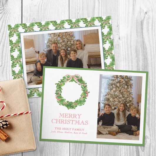 Waterverf Kerst Rood Gestreepte Boog Krans Foto Feestdagenkaart