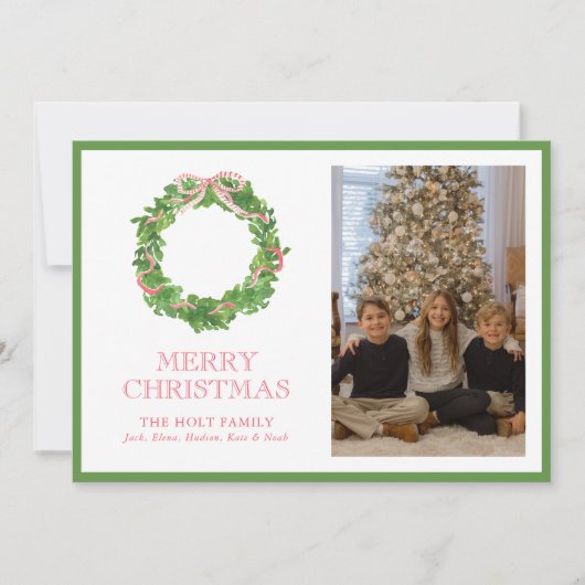 Waterverf Kerst Rood Gestreepte Boog Krans Foto Feestdagenkaart (Voorkant)