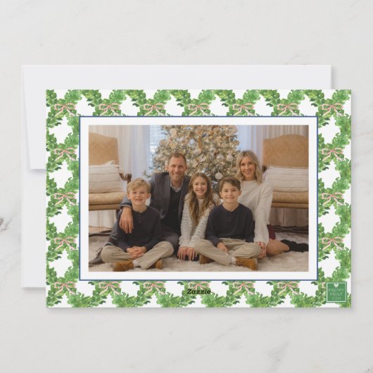 Waterverf Kerst Rood Gestreepte Boog Krans Foto Feestdagenkaart (Achterkant)