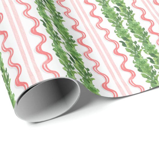 Waterverf Kerst Rood Gestreepte Bow Garland Cadeaupapier (Rol Hoek)