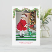 Waterverf Kerst Rood Gestreepte Bow Garland Foto Feestdagenkaart (Staand voorkant)