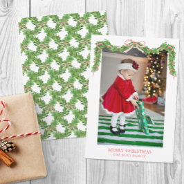 Waterverf Kerst Rood Gestreepte Bow Garland Foto Feestdagenkaart