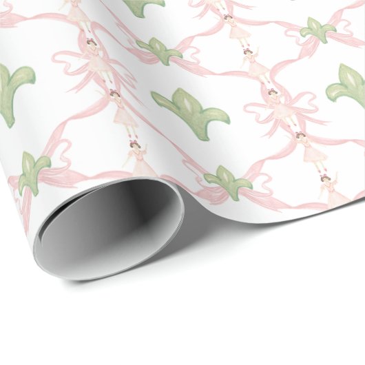 Waterverf Kerst Roze & Groene Ballerina Cadeaupapier (Rol Hoek)