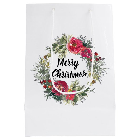 Waterverf Kerst rozen krans geschenktas wit Medium Cadeauzakje (Achterkant)