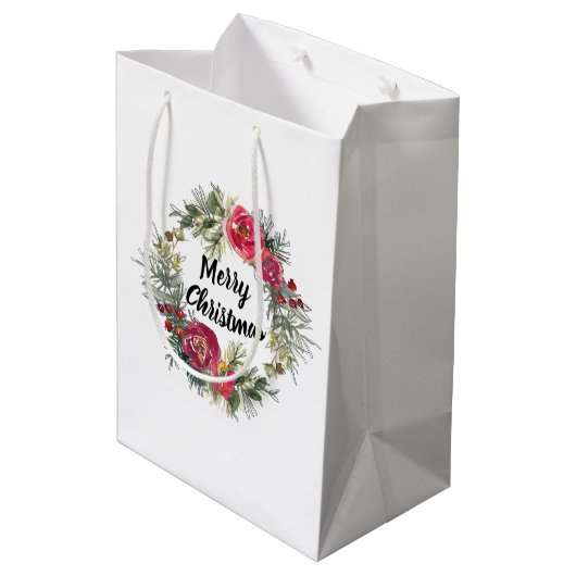 Waterverf Kerst rozen krans geschenktas wit Medium Cadeauzakje (Achterkant Gekanteld)