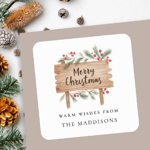 Waterverf Kerst Rustiek Houten Bord Rode Bessen  Vierkante Sticker