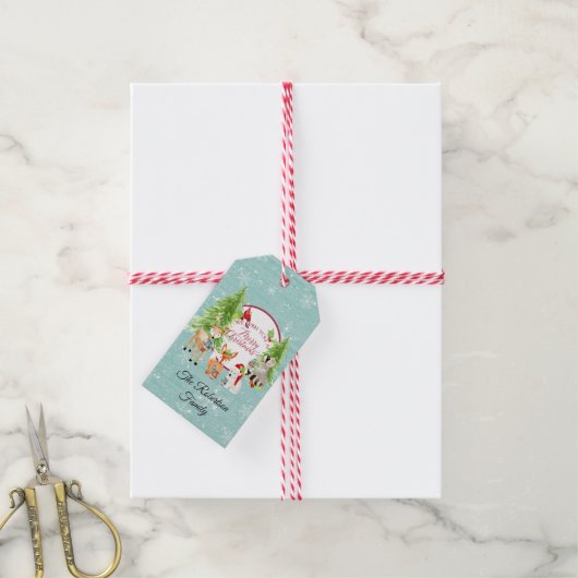 Waterverf Kerst Schattigee bosdieren Cadeaulabel (Met Touw)