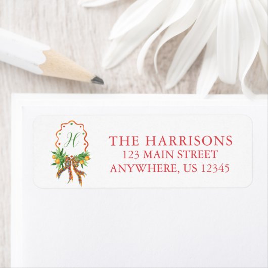 Waterverf Kerst Sinaasappels Plaid Boog Monogram Etiket (Insitu)