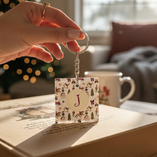 Waterverf Kerst Speelgoed Monogram initiaal Sleutelhanger