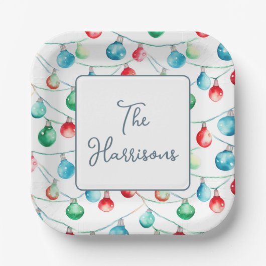 Waterverf Kerst String Lights gepersonaliseerd Papieren Bordje (Voorkant)