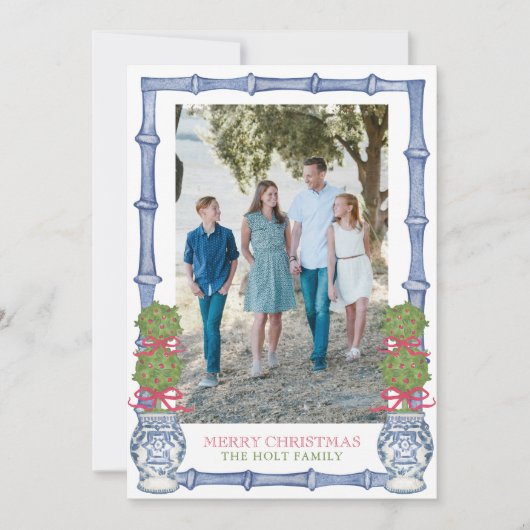 Waterverf Kerst Topiary Bamboe Foto Feestdagenkaart (Voorkant)