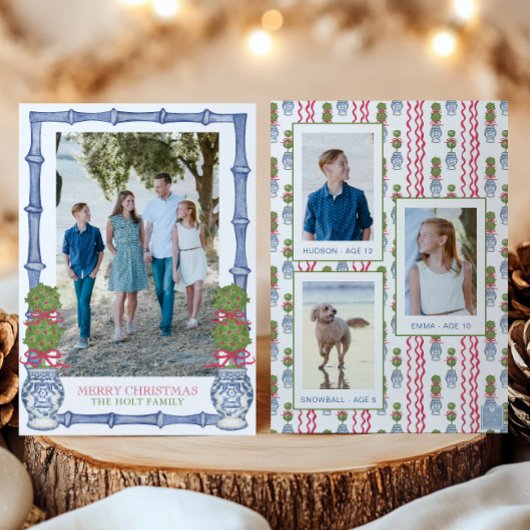 Waterverf Kerst Topiary Bamboe Foto Feestdagenkaart