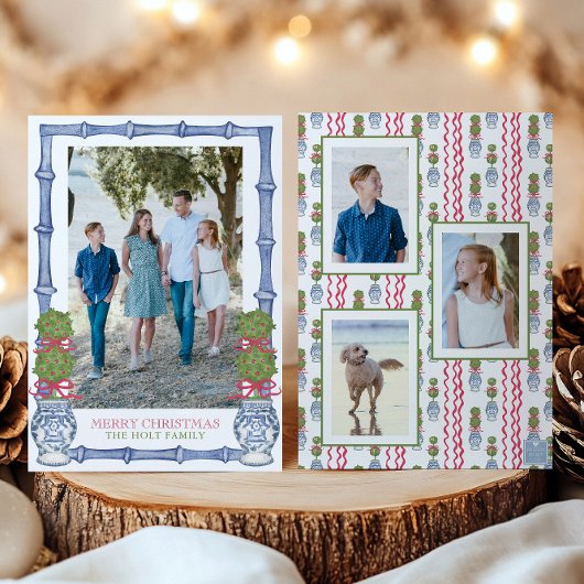 Waterverf Kerst Topiary Bamboe Foto Feestdagenkaart