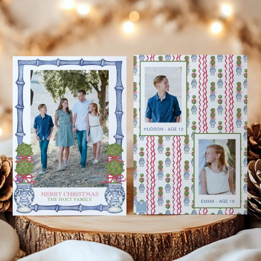 Waterverf Kerst Topiary Bamboe Foto Feestdagenkaart