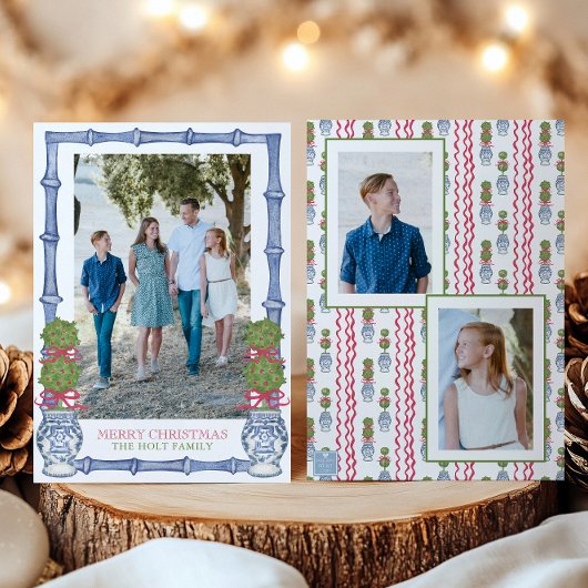 Waterverf Kerst Topiary Bamboe Foto Feestdagenkaart