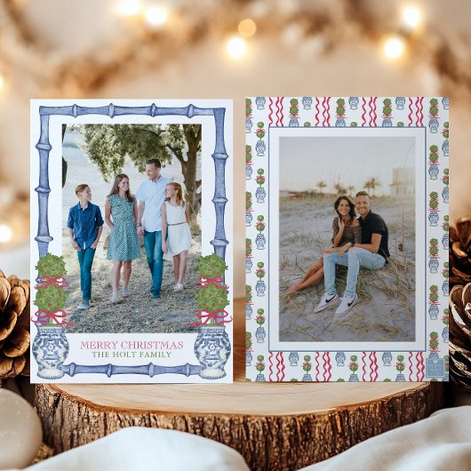 Waterverf Kerst Topiary Bamboe Foto Feestdagenkaart