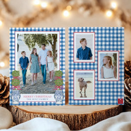 Waterverf Kerst Topiary Gingham Foto Feestdagenkaart