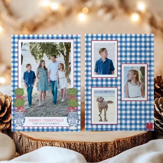 Waterverf Kerst Topiary Gingham Foto Feestdagenkaart