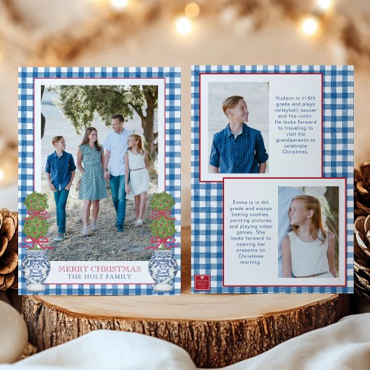 Waterverf Kerst Topiary Gingham Foto Feestdagenkaart