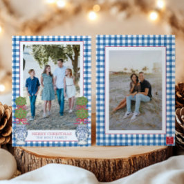 Waterverf Kerst Topiary Gingham Foto Feestdagenkaart