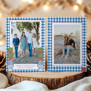 Waterverf Kerst Topiary Gingham Foto Feestdagenkaart